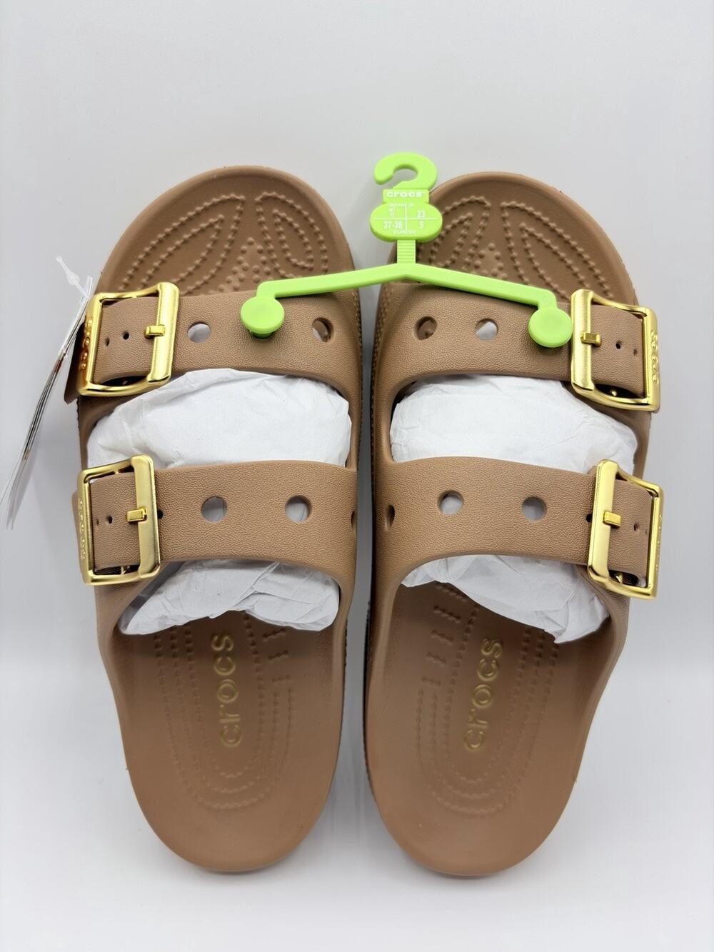 Crocs Women's Saturday Metallic Buckle Sandal Sepia Gold Brown Sz US 7 EU 38 NWT